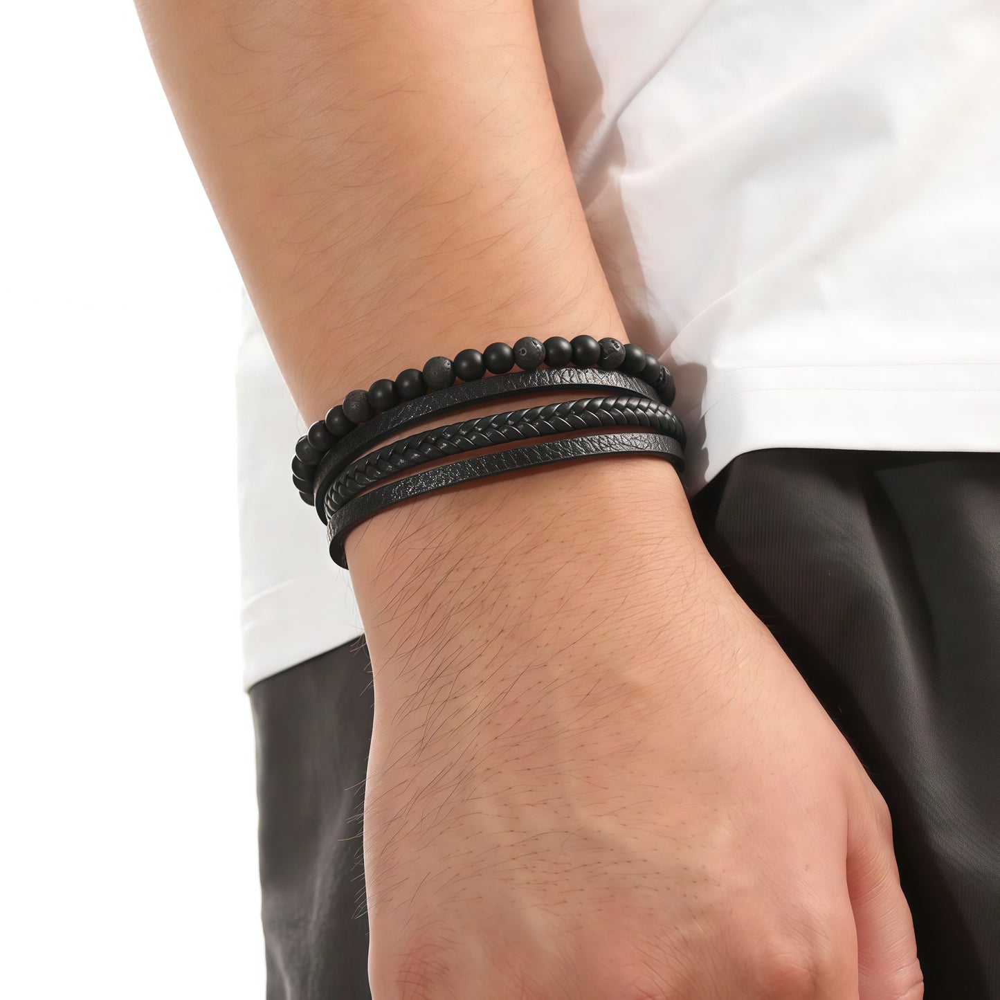 Men's Leather Multi-Layer Bracelet with Beads