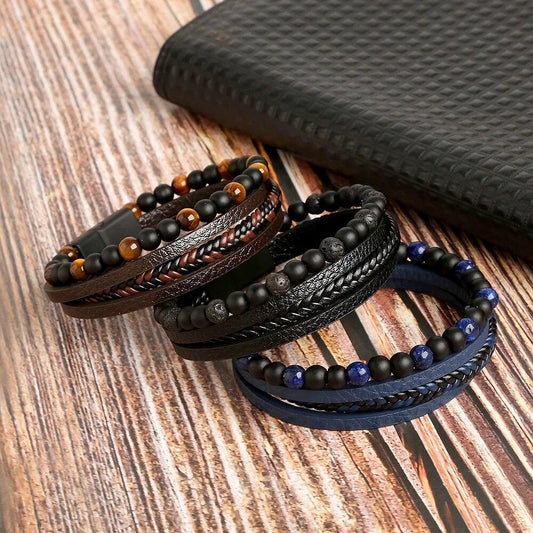 Men's Leather Multi-Layer Bracelet with Beads