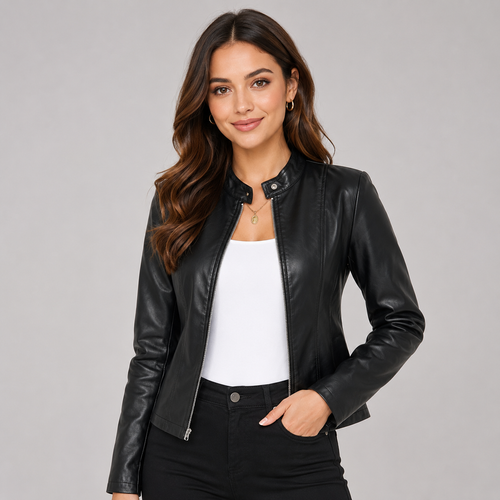 Tullia | Damen-Bikerjacke aus Kunstleder mit durchgehendem Reißverschluss - Minimalistische, strukturierte Linie