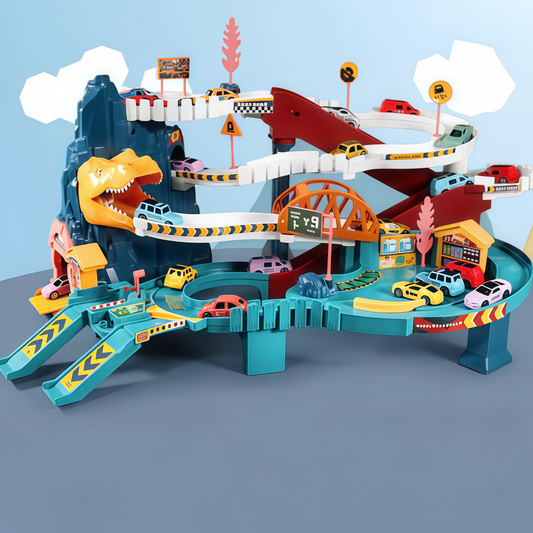 Multilevel Racing Track with 8 Cars and Dinosaur Theme