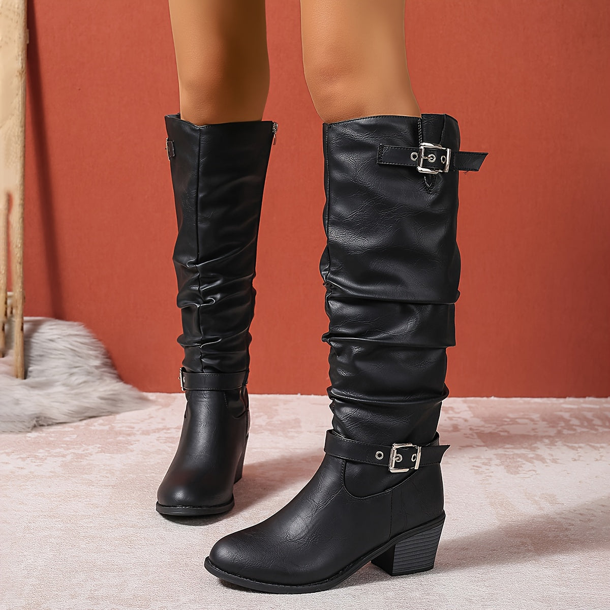 Cecilia | Stivali Donna al Ginocchio Slouch con Fibbia e Tacco Largo - Eleganza Quotidiana