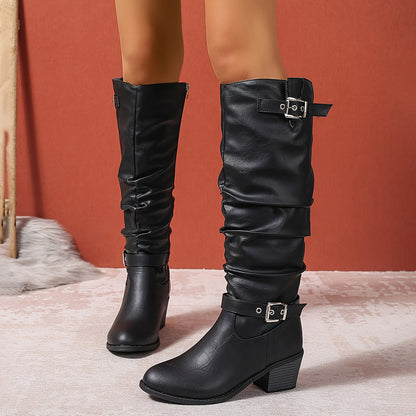 Cecilia | Stivali Donna al Ginocchio Slouch con Fibbia e Tacco Largo - Eleganza Quotidiana