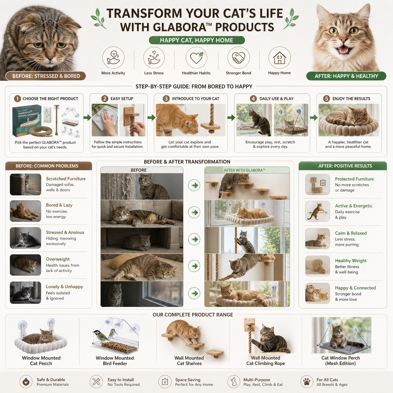 GLABORA KIT TERRITORIO VERTICALE E FINESTRA PER GATTI 4-IN-1 | MENSOLE DA PARETE, CORDA DA ARRAMPICATA, AMACA DA FINESTRA E MANGIATOIA PER UCCELLI