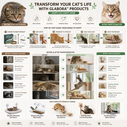 GLABORA KIT TERRITORIO VERTICALE E FINESTRA PER GATTI 4-IN-1 | MENSOLE DA PARETE, CORDA DA ARRAMPICATA, AMACA DA FINESTRA E MANGIATOIA PER UCCELLI