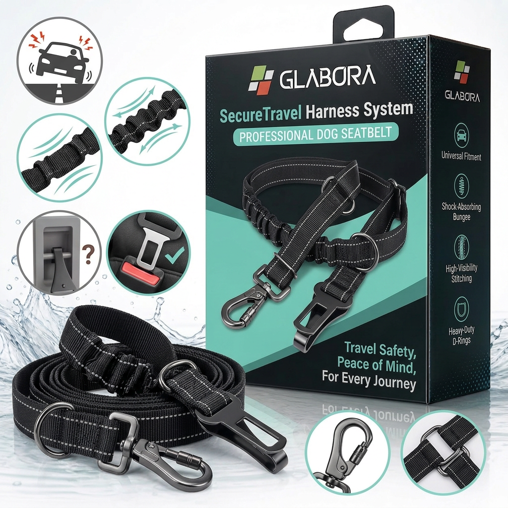 GLABORA KIT VIAGGIO AUTO CANI 4-IN-1 | COPRISEDILE IMPERMEABILE, CINTURA SICUREZZA, RETE BARRIERA E BORRACCIA PORTATILE