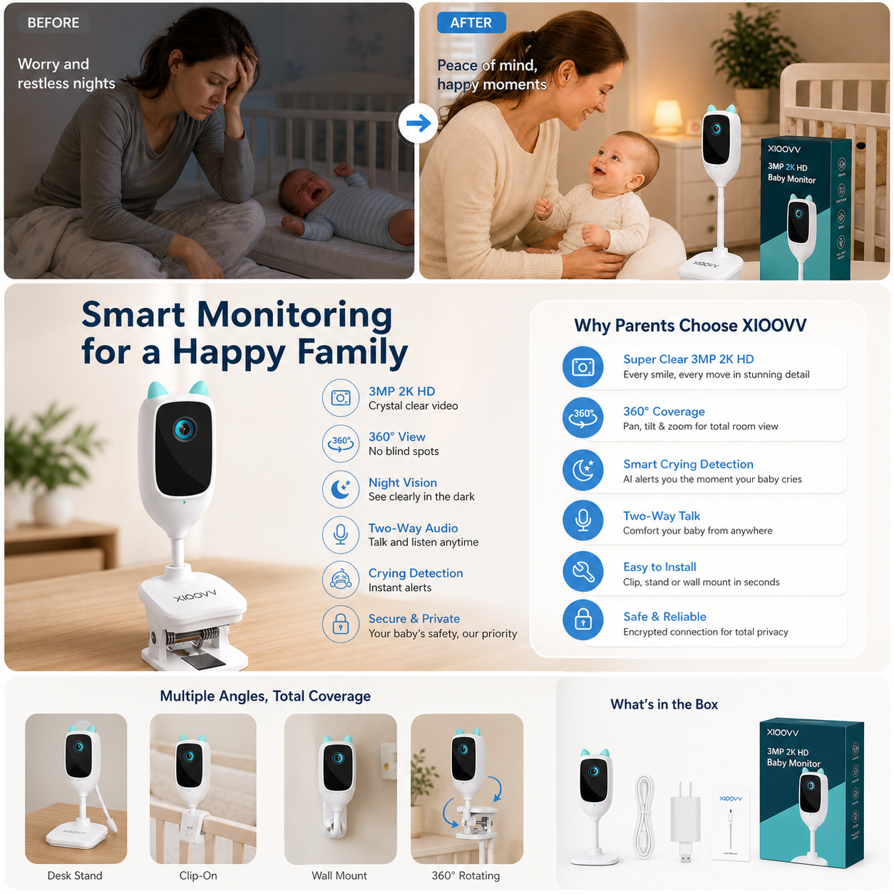 Monitor WiFi 4MP | Telecamera di Sicurezza con Visione Notturna e Rotazione 360° | Sorveglianza Completa per il Tuo Bambino
