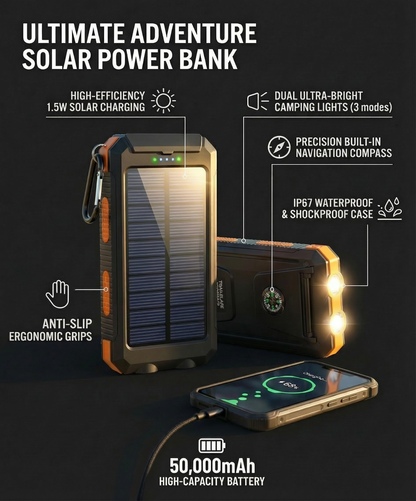 Solar Power Bank | 500000 mAh Waterproof Portable Charger with Dual USB and LED Flashlight for Outdoor Adventures