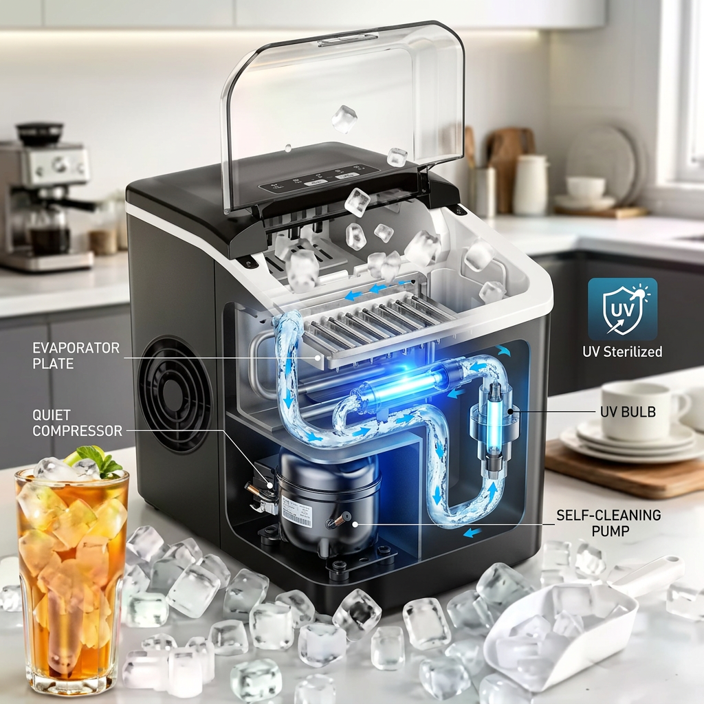 Professional Ice Maker | Fast Production of 16 Cubes in 13 Minutes | 34-Pound External Tank for Home and Commercial Use