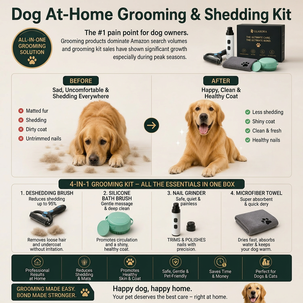 Glabora Kit Toelettatura Cani Professionale 4-in-1 | Tagliaunghie Elettrico, Spazzola Slanatore, Spazzola Bagno in Silicone e Asciugamano Microfibra
