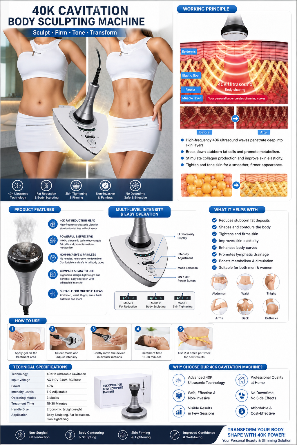 Anti-cellulitis massager | Lichaamsapparaat met ultrasone cavitatie | Vetvermindering en verbetering van huidelasticiteit