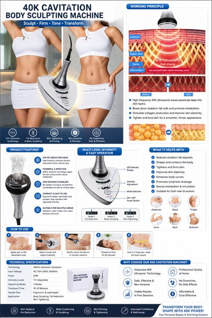 Anti-cellulitis massager | Lichaamsapparaat met ultrasone cavitatie | Vetvermindering en verbetering van huidelasticiteit