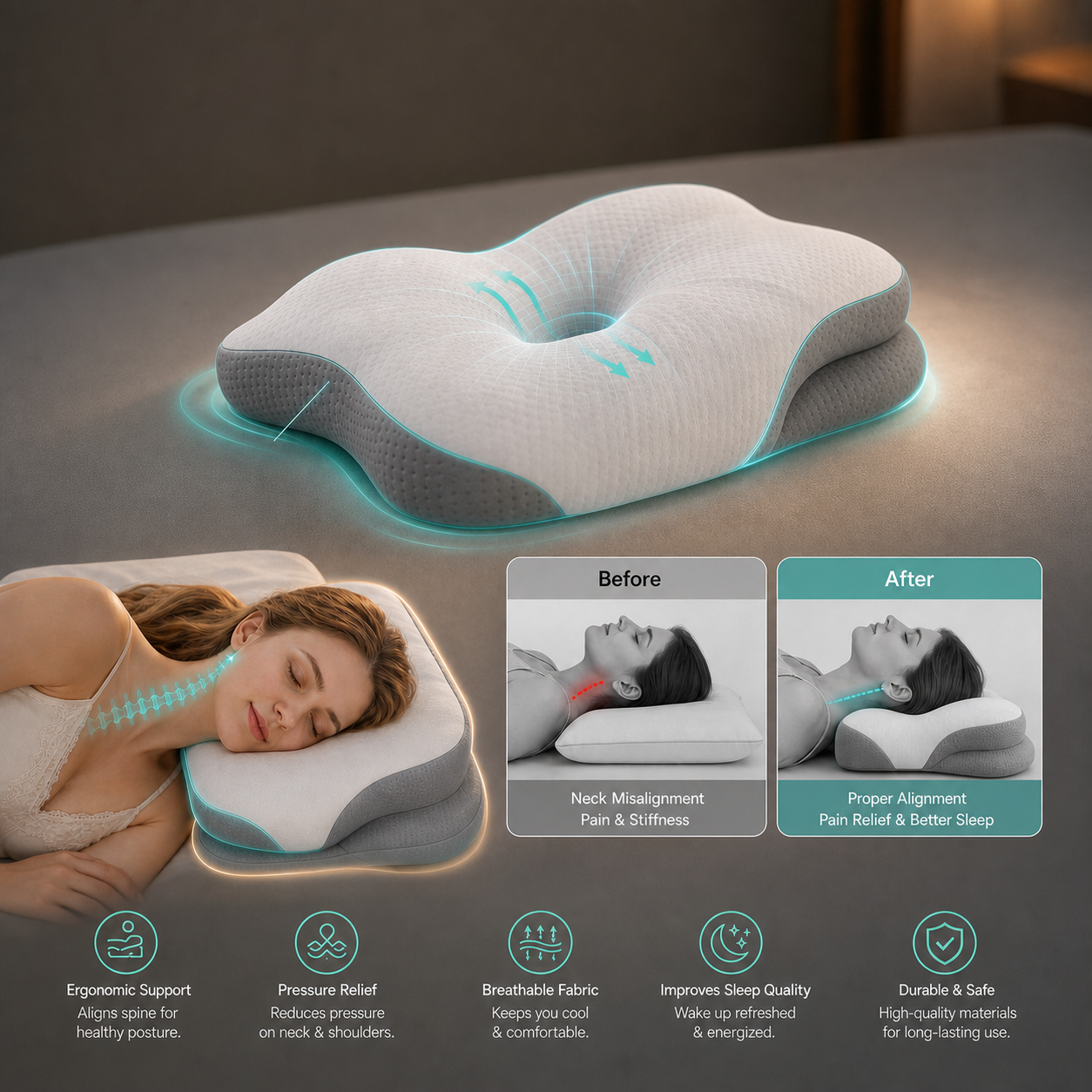 Ergonomic Cervical Memory Foam Pillow with Multizone Design | Support for Night Comfort and Restorative Sleep
