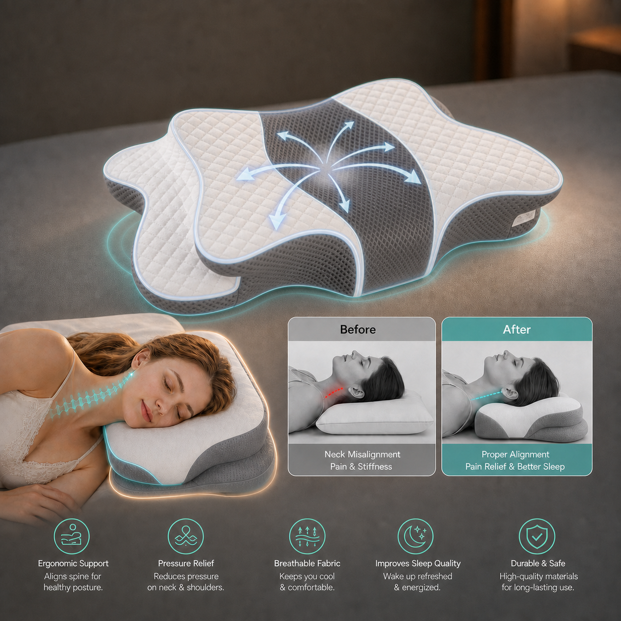Cuscino Cervicale Ergonomico in Memory Foam con Design a Farfalla | Supporto Ottimale per Sonno Ristoratore