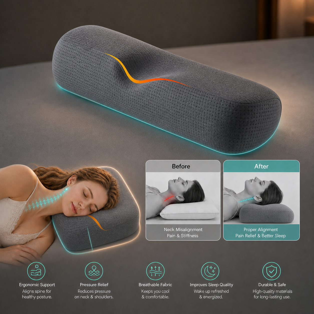 Cuscino Cervicale Ergonomico in Memory Foam con Rivestimento Traspirante | Supporto Ideale per un Sonno Ristoratore