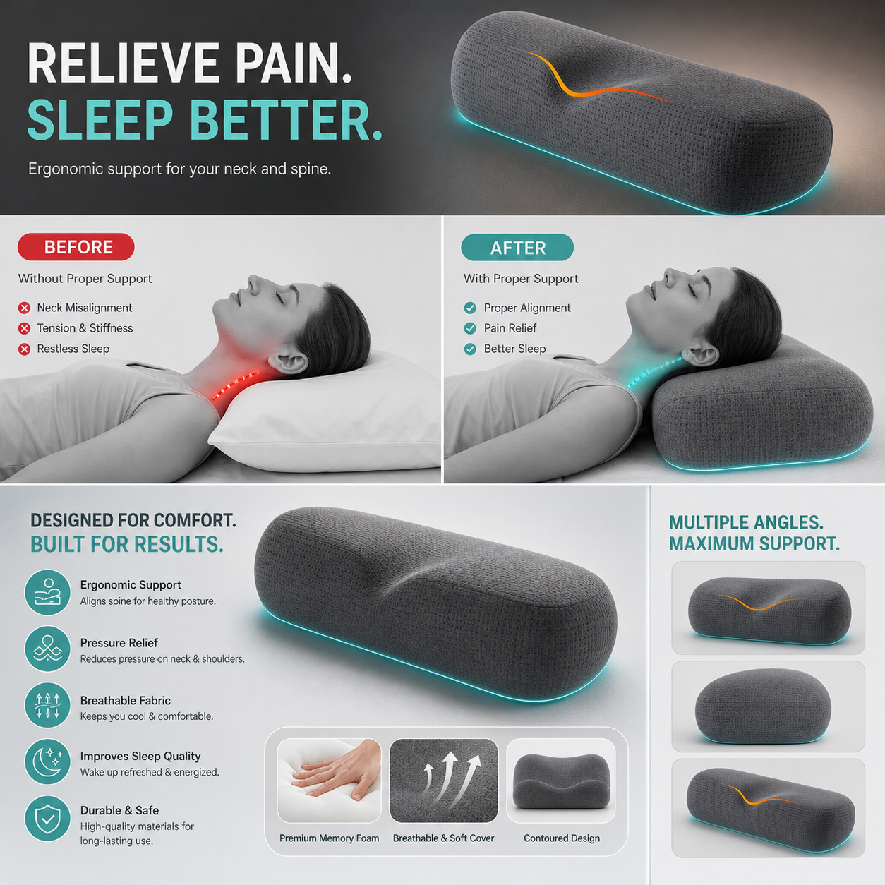 Cuscino Cervicale Ergonomico in Memory Foam con Rivestimento Traspirante | Supporto Ideale per un Sonno Ristoratore