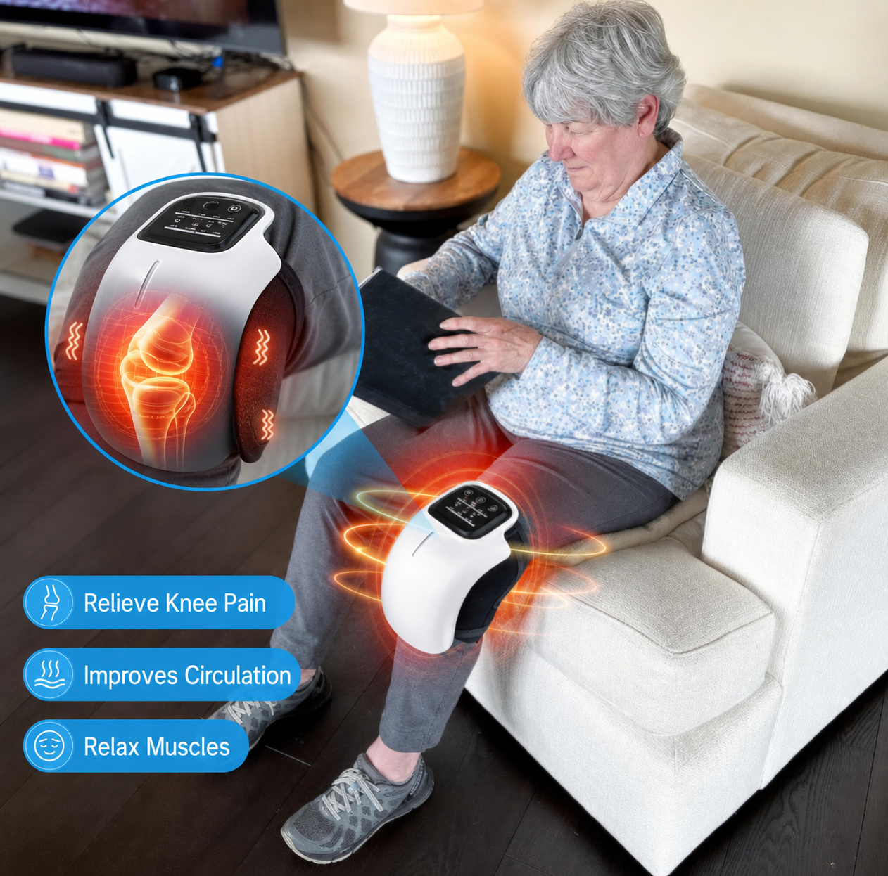 Massaggiatore per Ginocchio Senza Fili | Rilassamento Muscolare con Vibrazione Regolabile | Design Ergonomico per Comfort e Portabilità