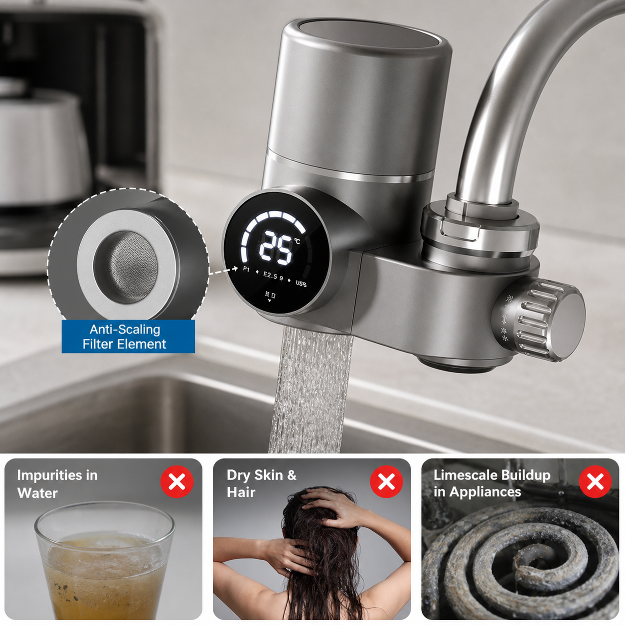 Filtro per Rubinetto con Luce UV e Display LED | Accessorio Anticalcare per Acqua Purificata