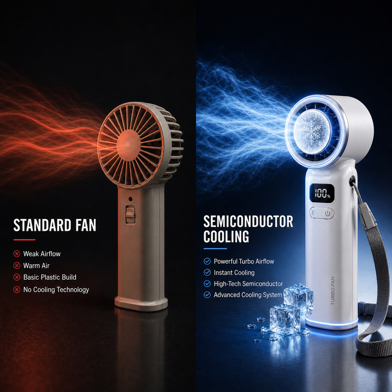 Ventilatore Potente Portatile con Raffreddamento a Semiconduttore | Mini Ventilatore con Torcia LED per Freschezza e Comfort Ovunque
