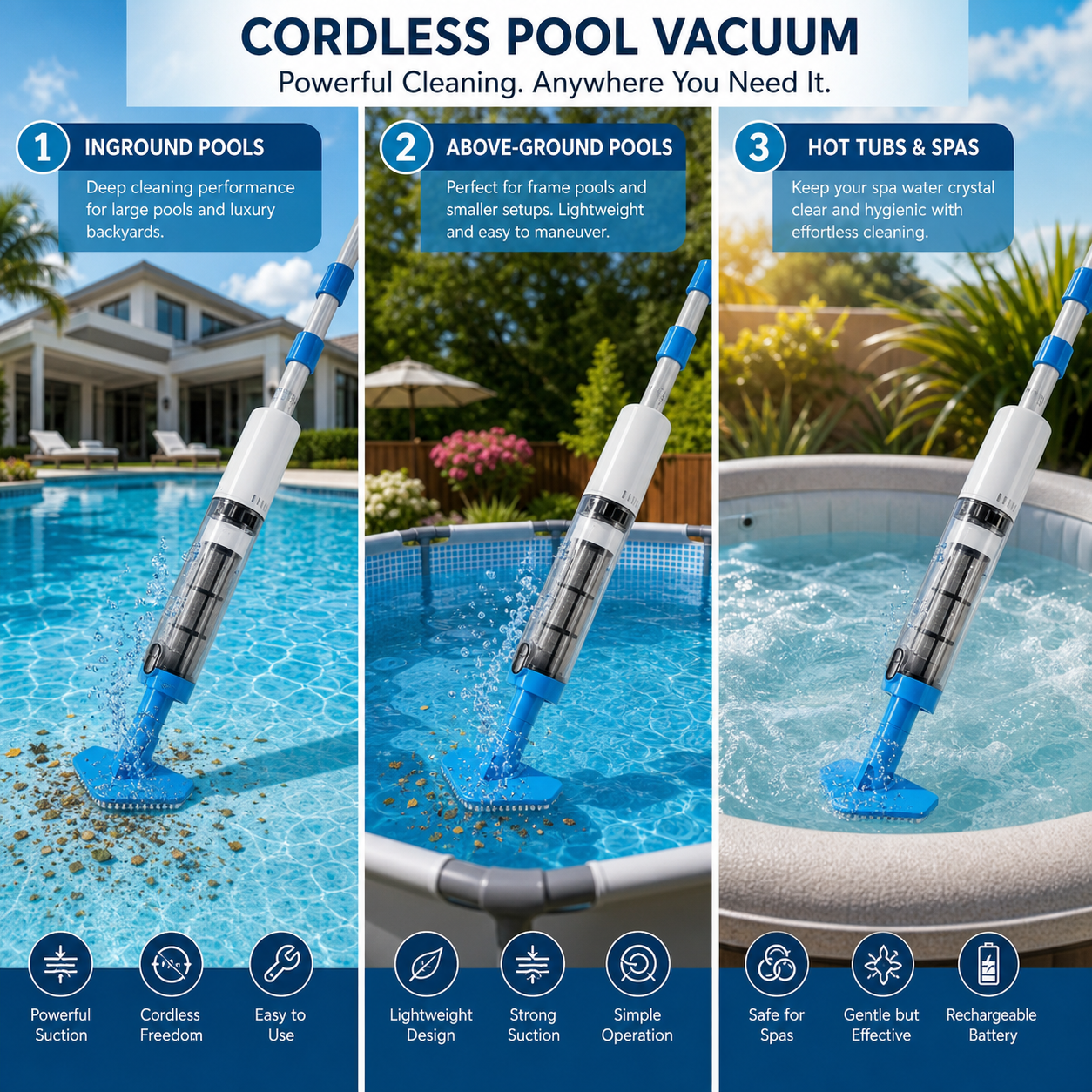 Aspirateur de piscine rechargeable 3-en-1 avec batterie longue durée | Nettoyage efficace pour des piscines toujours impeccables