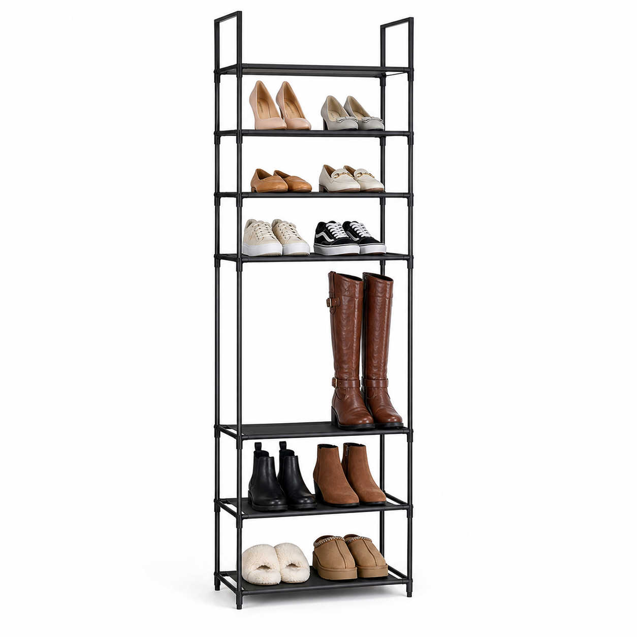Étagère à chaussures peu encombrante en métal avec 10 niveaux pour une capacité de rangement maximale