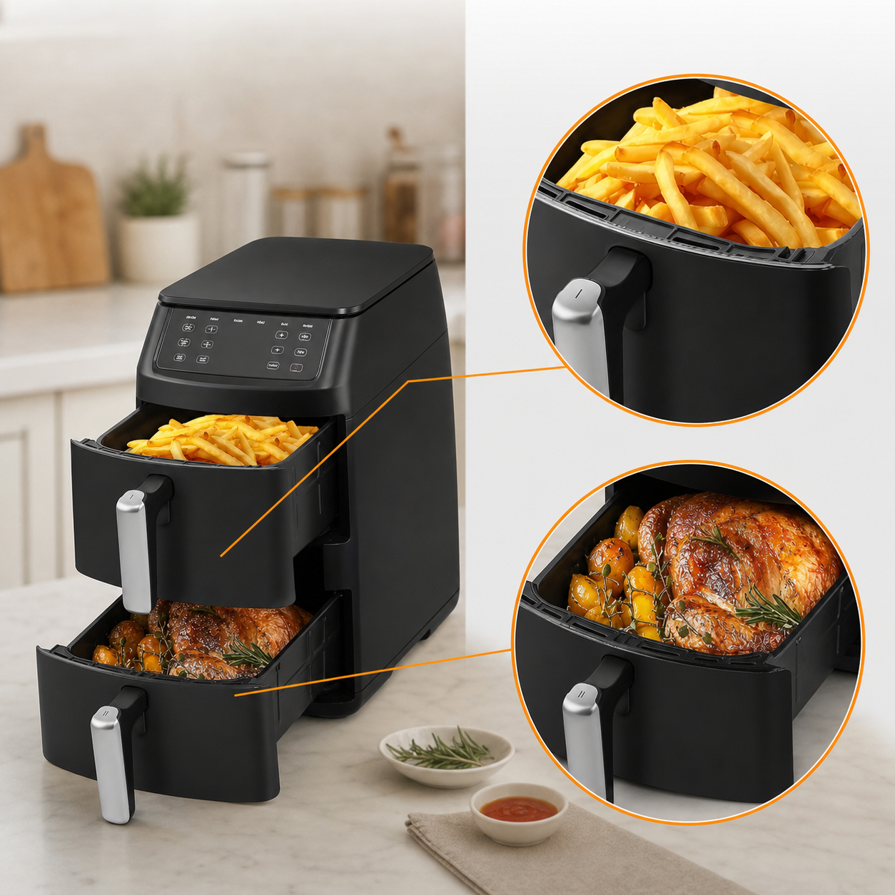Friggitrice Ad Aria | 11 Litri con Doppio Cestello e Controllo Digitale | Cottura Sana e Veloce per Famiglie