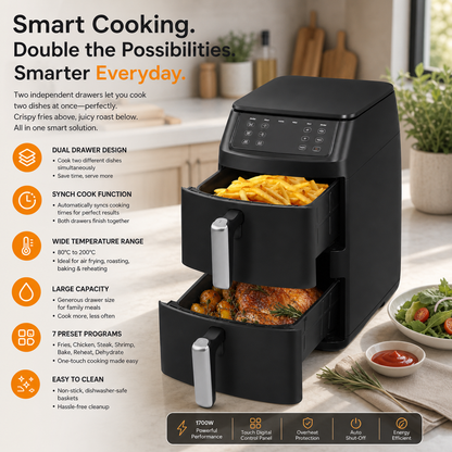 Friggitrice Ad Aria | 11 Litri con Doppio Cestello e Controllo Digitale | Cottura Sana e Veloce per Famiglie