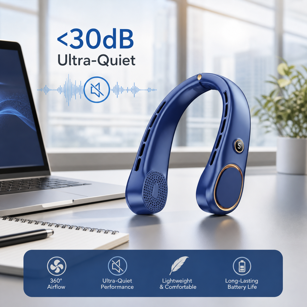 Ventilateur portable sans pales | Flux d’air à 360 degrés avec batterie de 4000 mAh | Silencieux et réglable pour un confort total