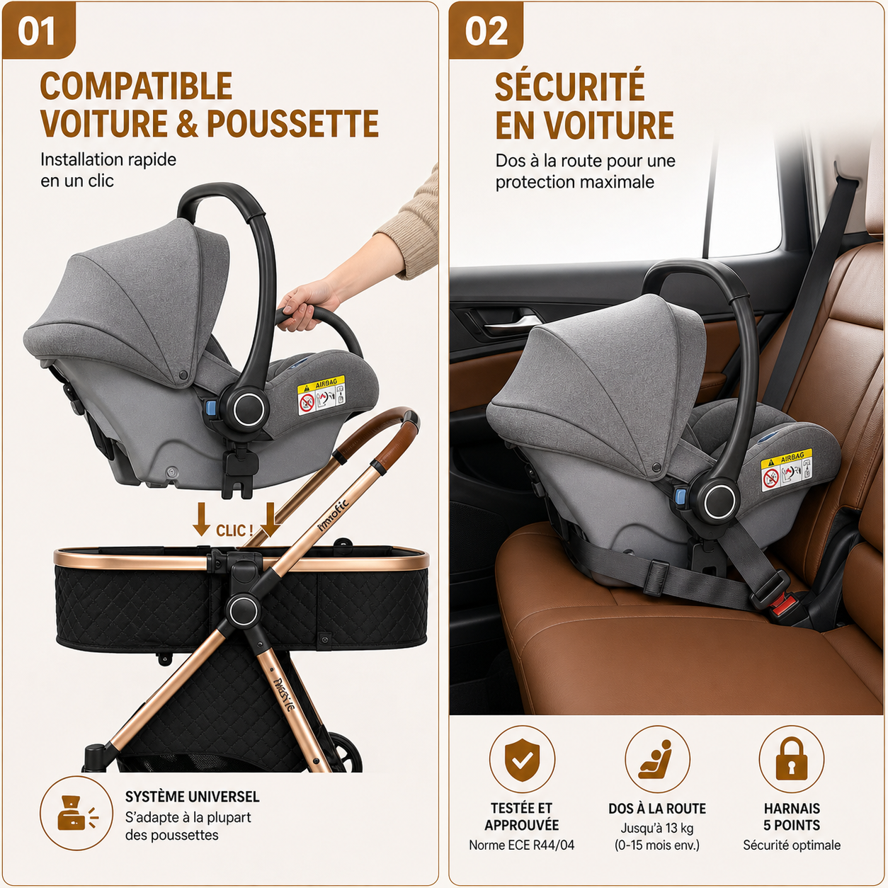 Poussette trio 3 en 1 avec châssis pliable et siège réversible | Système de voyage idéal pour le confort et la polyvalence