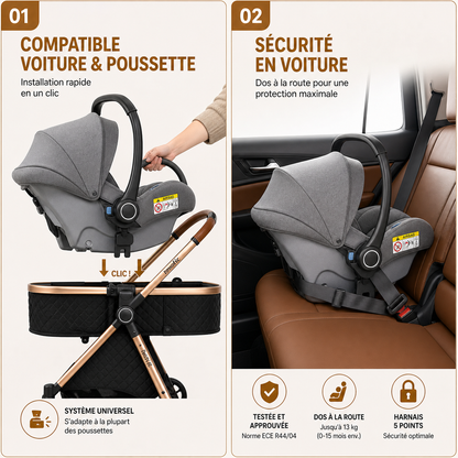 Poussette trio 3 en 1 avec châssis pliable et siège réversible | Système de voyage idéal pour le confort et la polyvalence