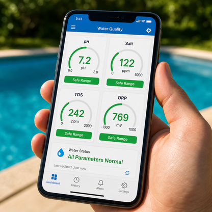 Testeur d’eau intelligent 7-en-1 avec application mobile | Mesureur de pH et de chlore pour une analyse précise des piscines et des spas