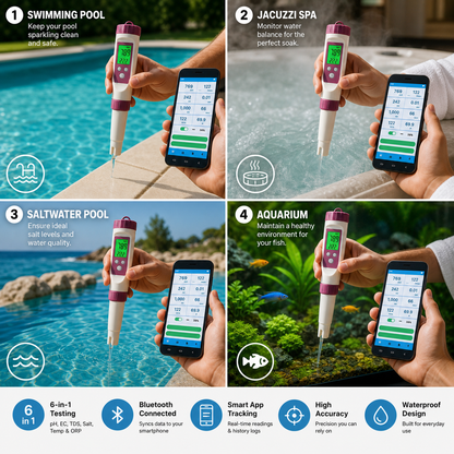 Testeur d’eau intelligent 7-en-1 avec application mobile | Mesureur de pH et de chlore pour une analyse précise des piscines et des spas