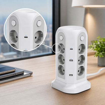 Presa Multipla a Torre con 12 Prese e 6 USB per Ricarica Efficiente | Design Compatto per Ufficio e Casa