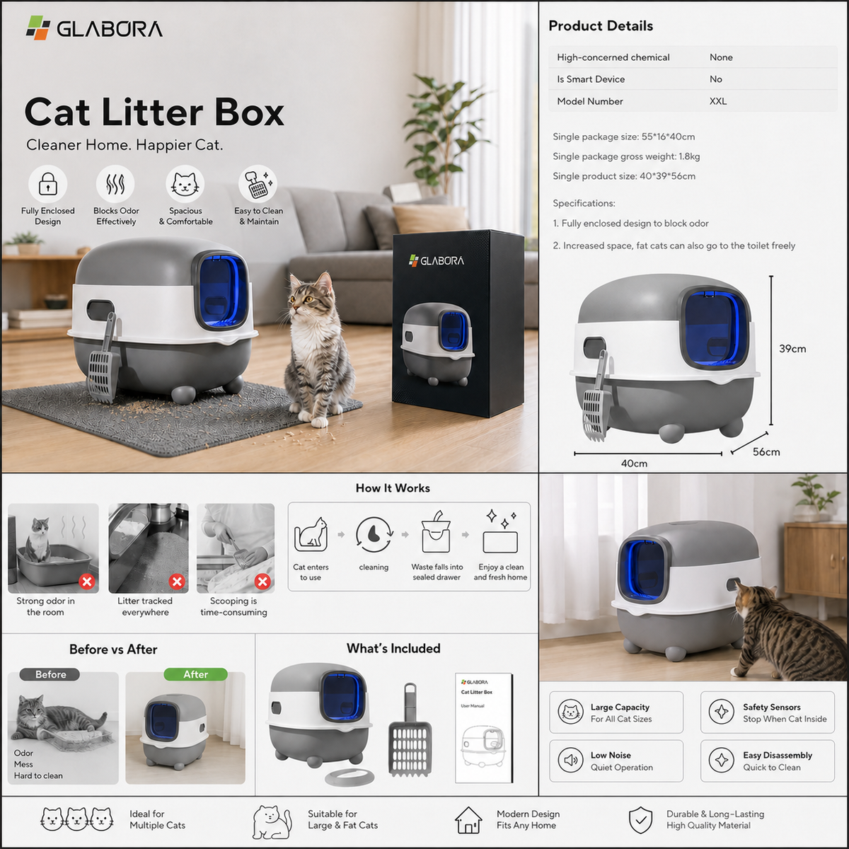 Glabora kattenverzorgingsset 4-in-1 | Kattenbak, zwaartekrachtvoerbak, filterfontein en ergonomische voerbak van 15° voor katten
