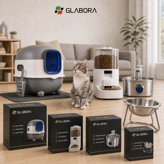Glabora Cat Care Kit 4-in-1 | Lettiera, Mangiatoia Gravity, Fontana Filtrante e Ciotola Ergonomica 15° per Gatti