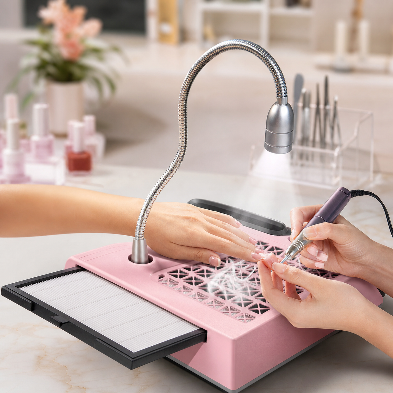 Macchina per Unghie 6 in 1 | Trapano Elettrico con Raccoglitore di Polvere e Lampada LED | Strumento Multifunzionale per Nail Art e Design Unghie