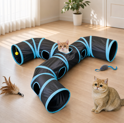 GLABORA KIT ARRICCHIMENTO GATTI 4-IN-1 | GIOCATTOLO AUTOMATICO, PUZZLE FEEDER, TIRAGRAFFI LETTO E TUNNEL MODULARE