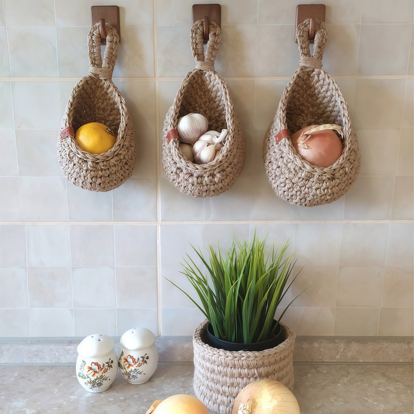 Hanging Storage Baskets in Hemp Rope