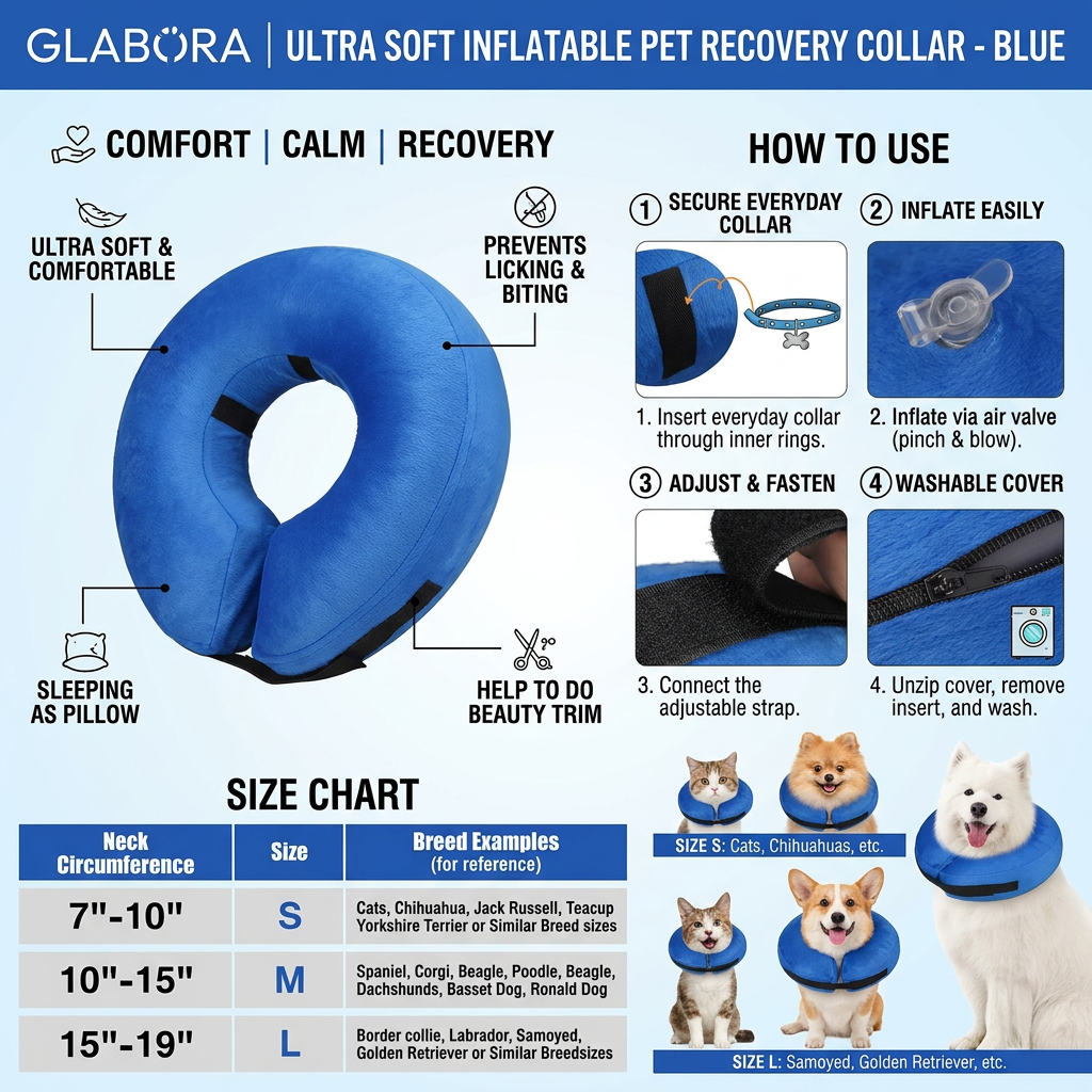 GLABORA SKIN RECOVERY, ITCHING, AND HOT SPOT KIT FOR DOGS 5-IN-1 | Paw Cleaner, Waterproof Suit, Hair Remover, Comb Set, and Inflatable Recovery Collar