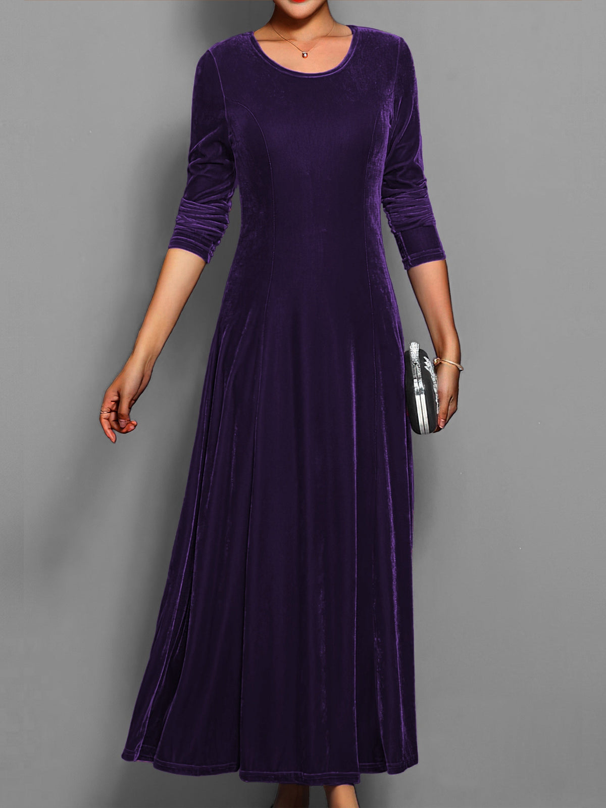 Susanna | Women's Long-Sleeved Velvet Maxi Dress with Flared Skirt - Formal Events