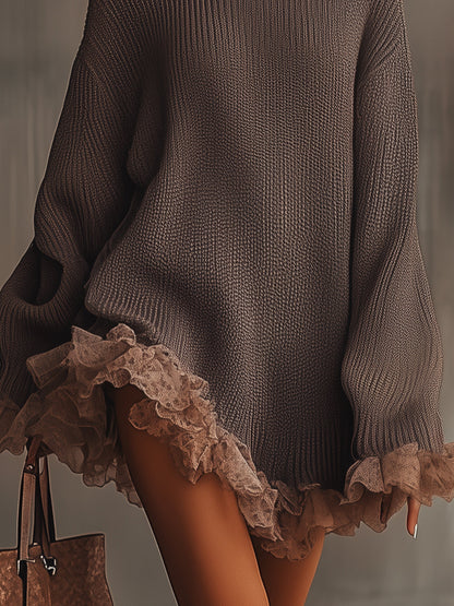 Carlotta | Abito Maglia Donna con Collo Alto e Balze in Pizzo - Romantico Invernale