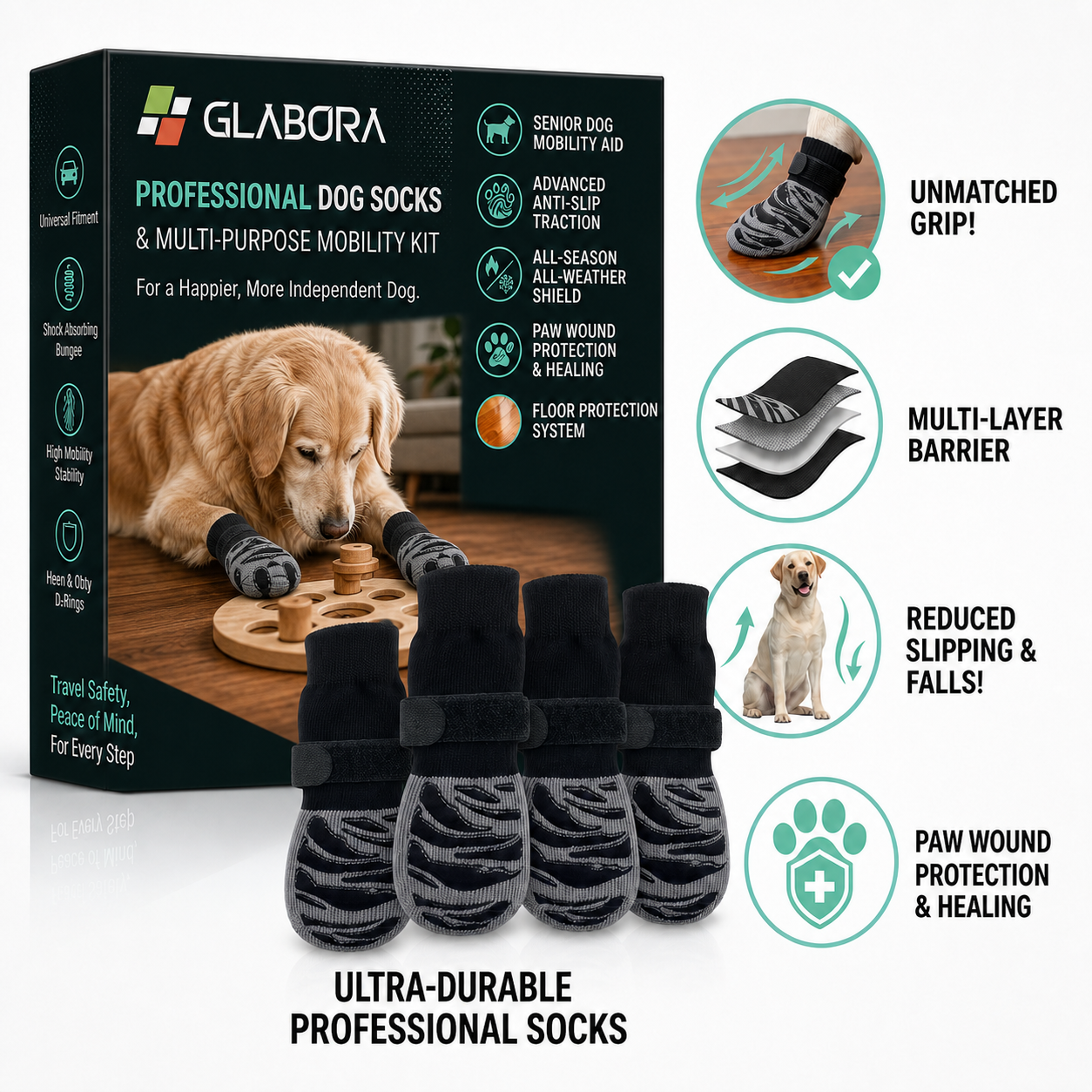 GLABORA SENIOR DOG MOBILITY KIT 4-IN-1 | LIFT HARNESS, FOLDABLE RAMP, ORTHOPEDIC BED, AND NON-SLIP SOCKS