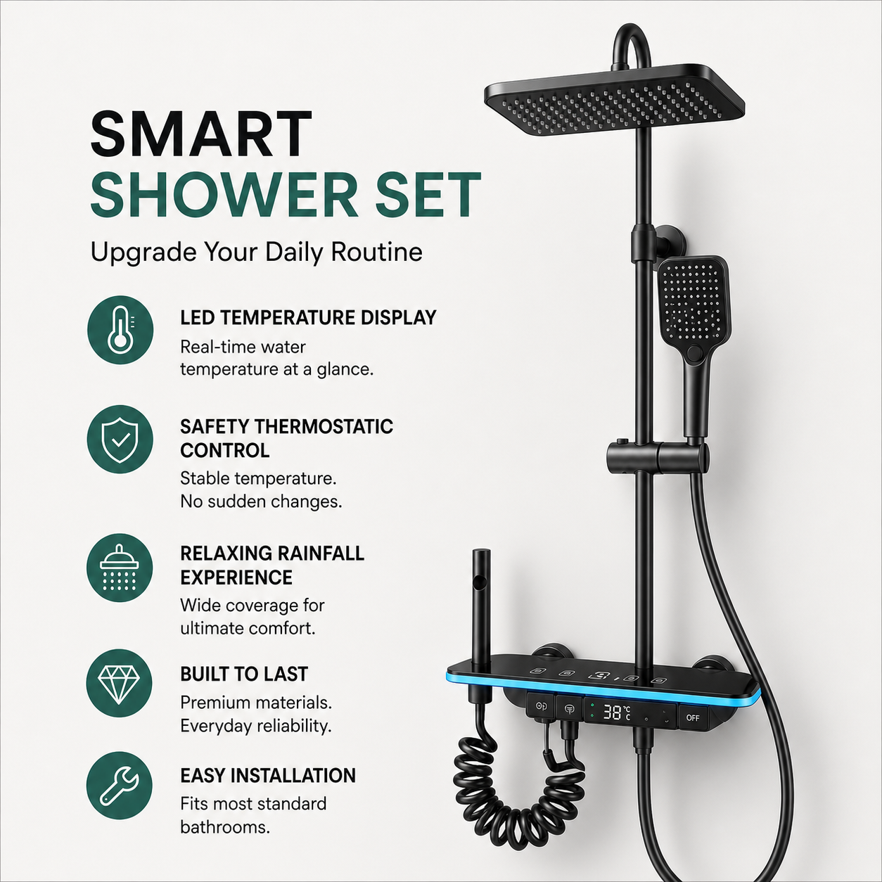 Complete Douche Set | Douchekit met LED Display en Regendouche - Comfort en Veiligheid voor Je Badkamer