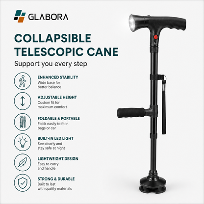Bastone Anziani | Bastone Telescopico Pieghevole con LED e Allarme | Stabilità e Sicurezza per Passeggiate Sicure