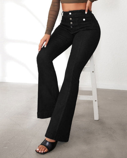 Ottavina | Women's High-Waisted Flare Jeans with Buttons - Elongated Silhouette