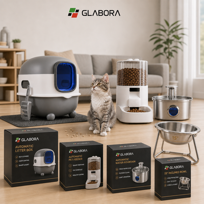 Glabora Cat Care Kit 4-in-1 | Lettiera Automatica, Mangiatoia Gravity, Fontana Filtrante e Ciotola Ergonomica 15° per Gatti