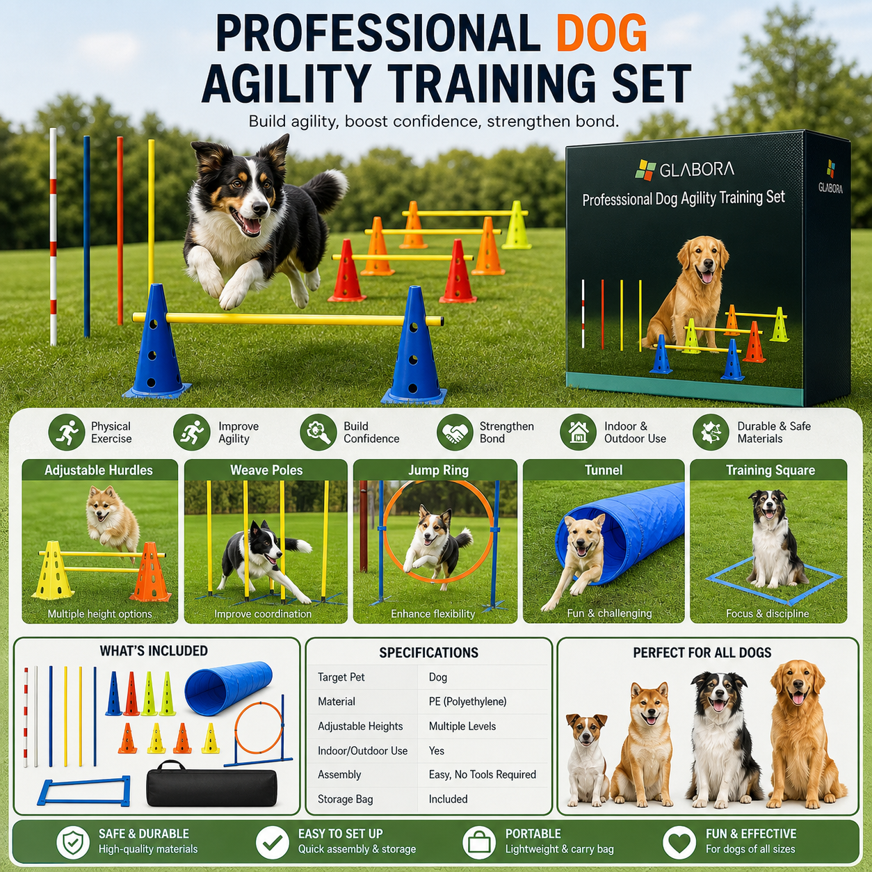 Glabora Kit Perdita Peso & Fitness per Cani 4-in-1 | Slow Feeder Puzzle, GPS Tracker, Set Agilità e Bilancia Digitale