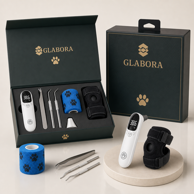 Glabora EHBO Pakket voor Huisdieren 4-in-1 | OORTHERMOMETER, TEKENSET, COHESIEVE VERBAND EN ORTHOPEDISCHE KNIEBESCHERMER VOOR HONDEN EN KATTEN