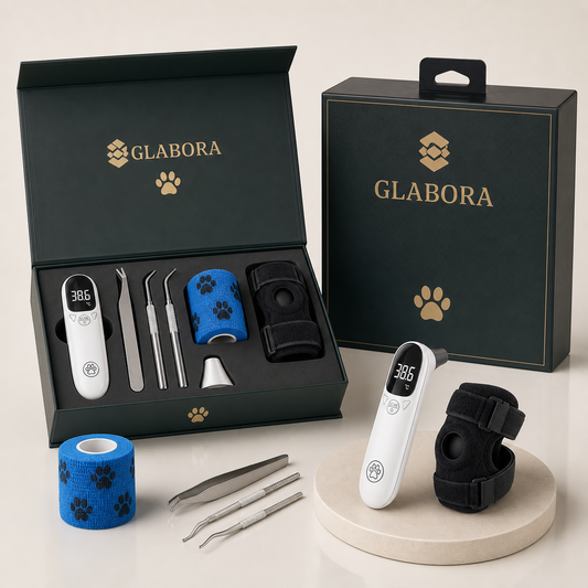 Glabora EHBO Pakket voor Huisdieren 4-in-1 | OORTHERMOMETER, TEKENSET, COHESIEVE VERBAND EN ORTHOPEDISCHE KNIEBESCHERMER VOOR HONDEN EN KATTEN