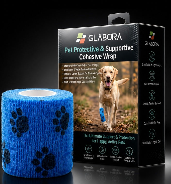 Glabora Kit Pronto Soccorso Animali 4-in-1 | Termometro Auricolare, Kit Zecche, Benda Coesiva e Ginocchiera Ortopedica per Cani e Gatti