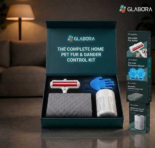 GLABORA HUIS ZONDER HAREN PAKKET 4-IN-1 | HARENROLLER, SILICONEN HANDSCHOENEN, WATERDICHTE BANKHOES EN HEPA ANTI-SCHILFER LUCHTREINIGER